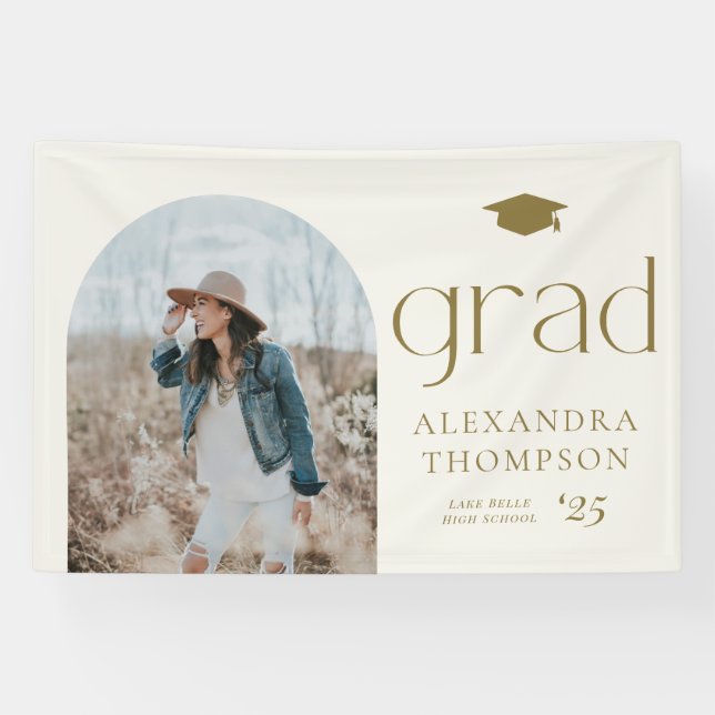 Gold Boho Minimalist Arch Photo Graduation Banner (Horizontal)