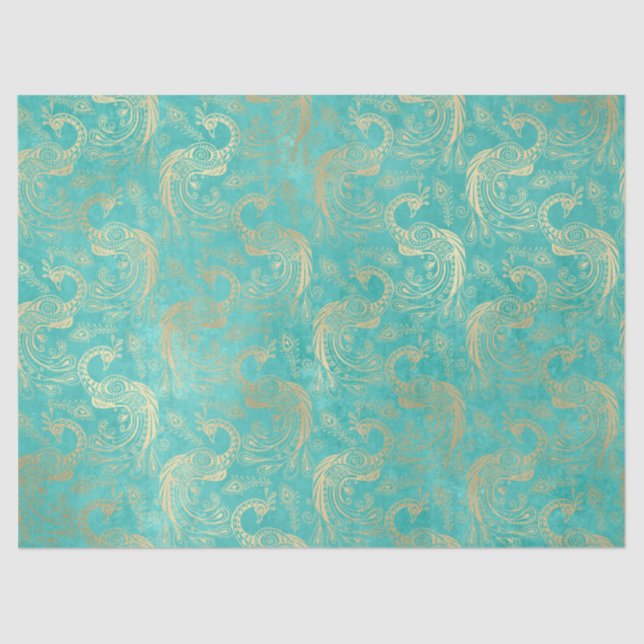 Gold Boho Peacocks on Aqua Decoupage Tissue Paper (Front)