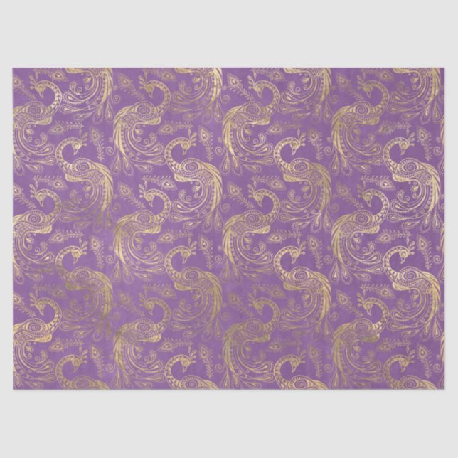 Gold Boho Peacocks on Lavender Decoupage Tissue Paper (Front)