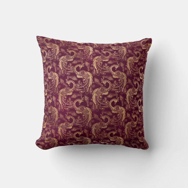 Gold Boho Peacocks on Purple Throw Pillow (Front)