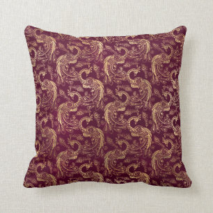 Gold Boho Peacocks on Purple Throw Pillow