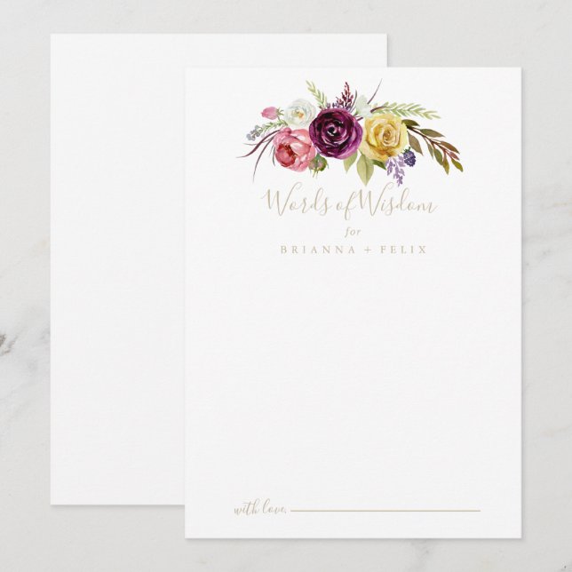 Gold Boho Tropical Floral Wedding Words of Wisdom  Advice Card (Front/Back)