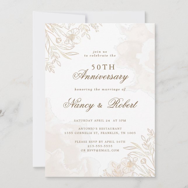 Gold Boho Wildflowers 50th Wedding Anniversary Invitation (Front)