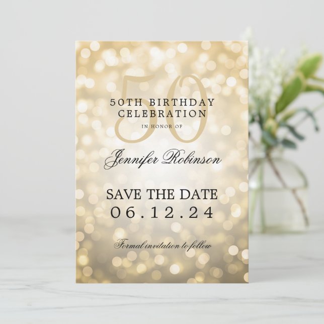 Gold Bokeh 50th Birthday Save the Date  Invitation (Standing Front)
