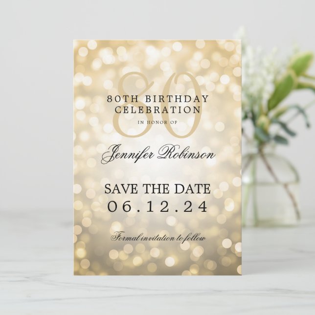 Gold Bokeh 80th Birthday Save the Date w/ Details Invitation (Standing Front)