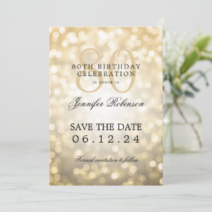 Gold Bokeh 80th Birthday Save the Date w/ Details Invitation