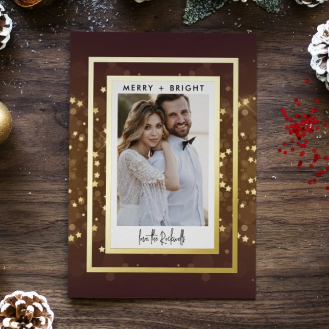 Gold Bokeh and Glitter 1 Photo Real Foil Holiday Card (Creator Uploaded)