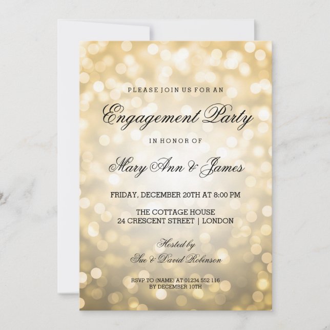 Gold Bokeh Lights Elegant Engagement Party Invitation (Front)