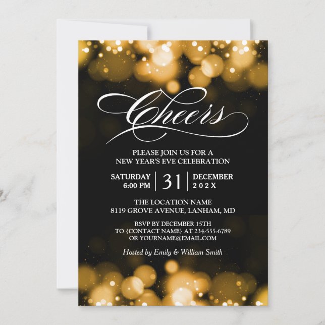Gold Bokeh Sparkles Cheers New Year's Eve Party Invitation (Front)