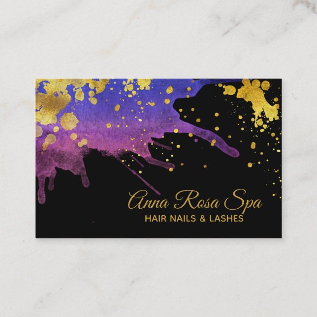 *~* Gold Bold Abstract Purple Watercolor Luxe Business Card (Front)