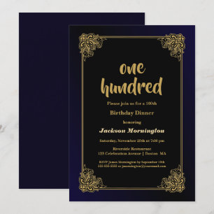 Gold Border Black 100th Birthday Dinner Invitation