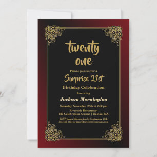 Gold Border Black Red Surprise 21st Birthday Invitation
