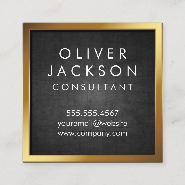 Gold Border | Black Texture Square Business Card (Front)
