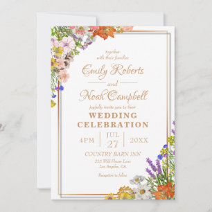 Gold Border Colourful Wildflowers Country Wedding Invitation