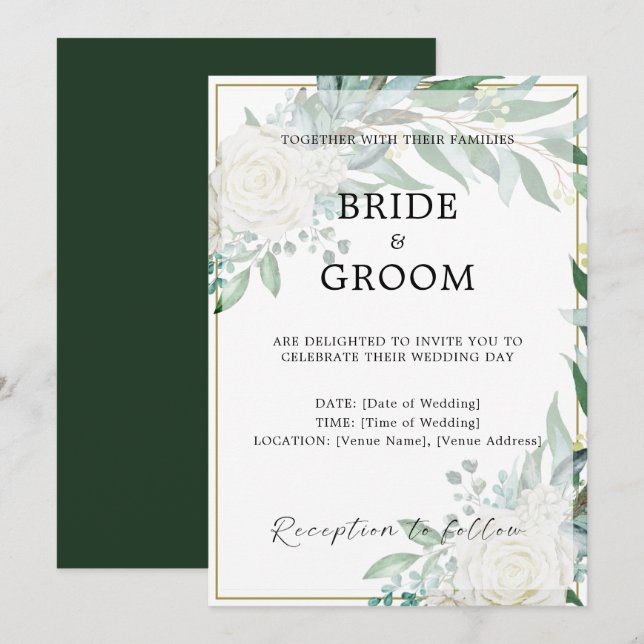 Gold Border Floral Greenery Wedding Invitation (Front/Back)