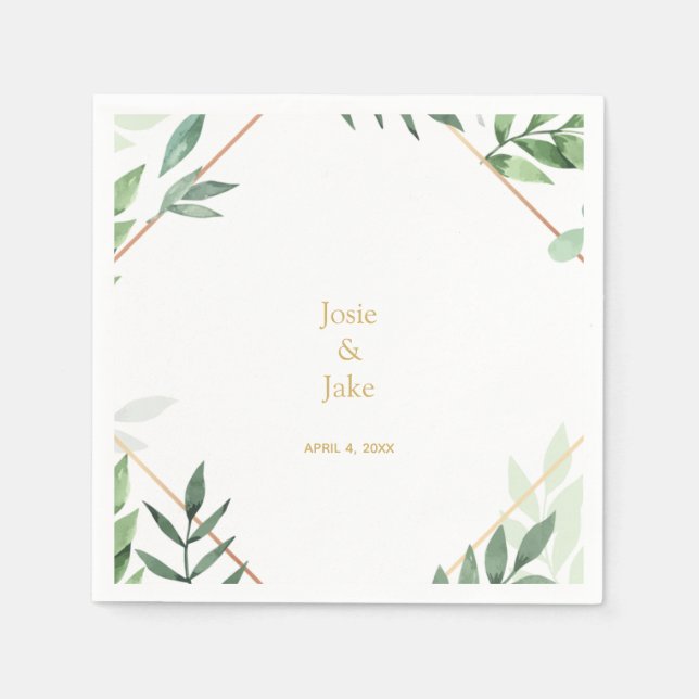 Gold border, green leaves Wedding names, reception Napkin (Front)