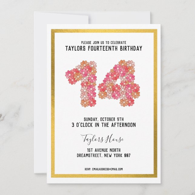 Gold Border Metallic Floral 14TH Birthday Party Invitation (Front)