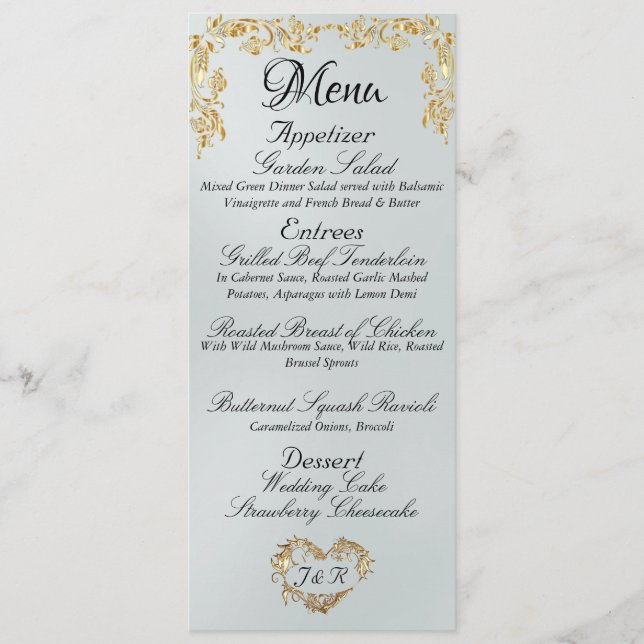 Gold Border on White Satin Wedding Menu (Front)