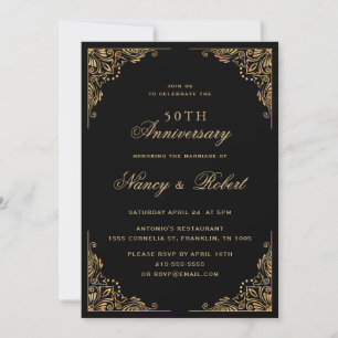 Gold Border Ornate Black 50th Wedding Anniversary Invitation