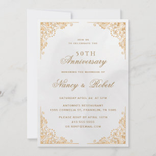 Gold Border Ornate Cream 50th Wedding Anniversary Invitation