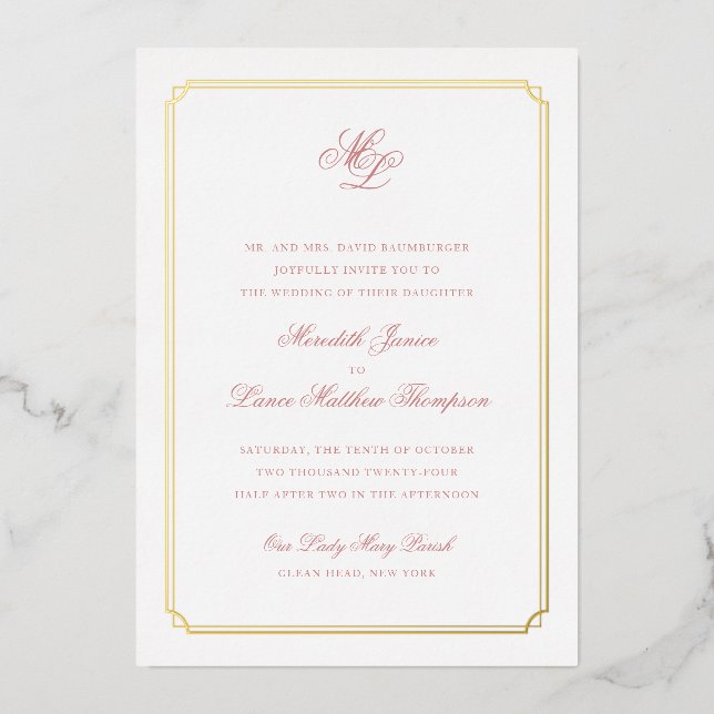 Gold Border Pink and Gold Monogram Wedding (Front)