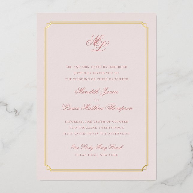 Gold Border Pink and Gold Monogram Wedding Foil In (Front)