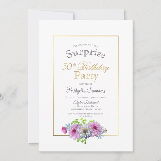 Gold Border Pink Dahlia Surprise 50th Birthday Invitation (Front)