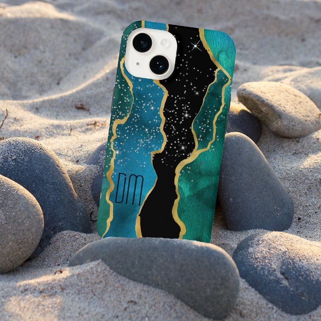 Gold Border Teal Agate Sparkle Monogram iPhone Case (Creator Uploaded)