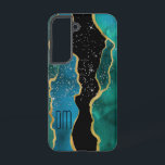Gold Border Teal Agate Sparkle Monogram Samsung Galaxy Case<br><div class="desc">This pretty phone case features a dramatic abstract design in tones of blue,  teal,  gold and black. Tiny star confetti gives a sparkly effect,  with your monogram in dark blue against lighter blue at the bottom left. Stunning!</div>