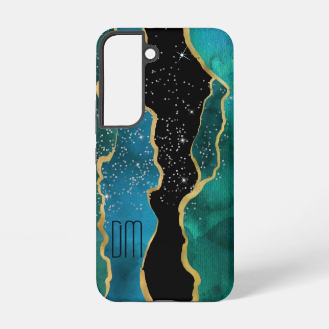 Gold Border Teal Agate Sparkle Monogram Samsung Galaxy S22 Case (Back)