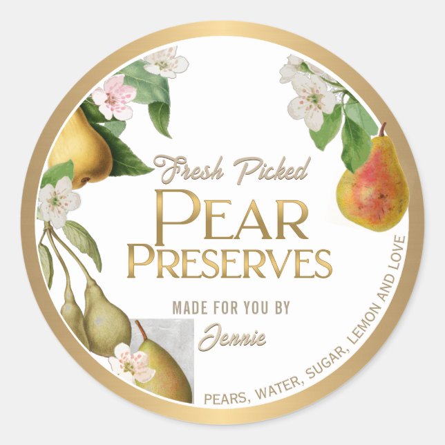 Gold Bordered Homemade Pear Jam Preserves Classic  Round Sticker (Front)