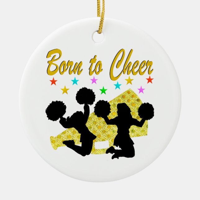 GOLD BORN TO CHEER MEGAPHONE CHEERLEADER CERAMIC ORNAMENT (Front)