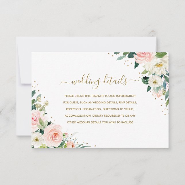 Gold Botanical Blush Floral Wedding Details RSVP Card (Front)