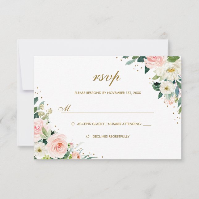 Gold Botanical Blush Floral Wedding RSVP (Front)
