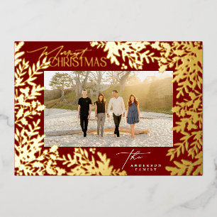 Gold Botanical Classic Red Merry Christmas Photo Foil Holiday Card
