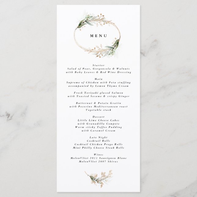 Gold Botanical Eucalyptus Elegant Greenery Moss Menu (Front)