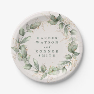 Gold Botanical Eucalyptus Elegant Greenery Moss Paper Plate