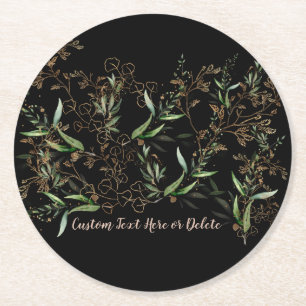 Gold Botanical Eucalyptus Elegant Premium Black Round Paper Coaster