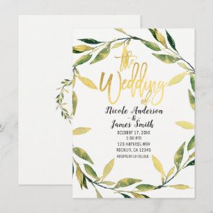 Gold Botanical Green Leaf Wreath Modern Wedding Invitation