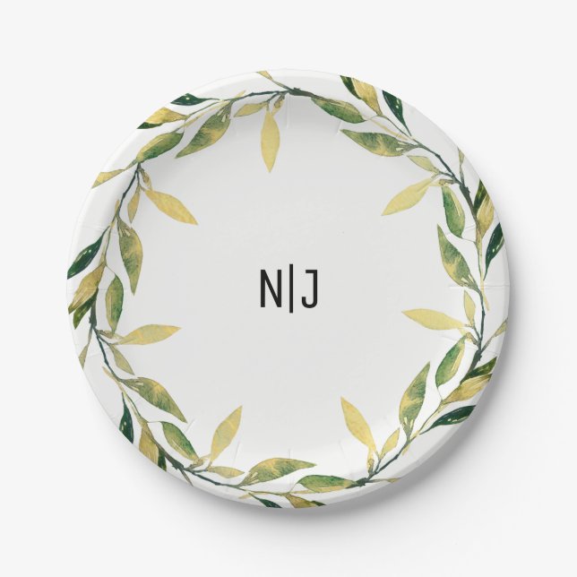 Gold Botanical Green Leaf Wreath Rustic Nature Paper Plate (Front)