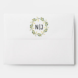 Gold Botanical Green Leaf Wreath Rustic Wedding Envelopes