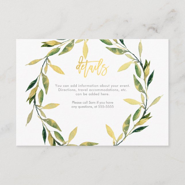 Gold Botanical Green Leaf Wreath Wedding Details Enclosure Card (Front)