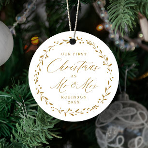 Gold Botanical Mr & Mrs Our First Christmas Metal Ornament