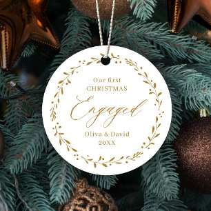 Gold Botanical Our First Christmas Engaged Metal Ornament