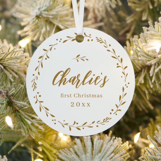 Gold Botanical Personalized Baby's First Christmas Metal Ornament (Insitu)