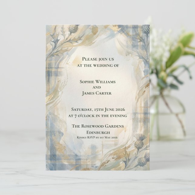Gold Botanical Thistle Oval Tartan Scottish Weddin Invitation (Standing Front)