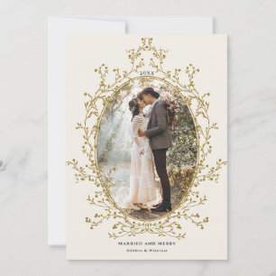 Gold Botanical Wreath Married & Merry Photo  Holiday Card