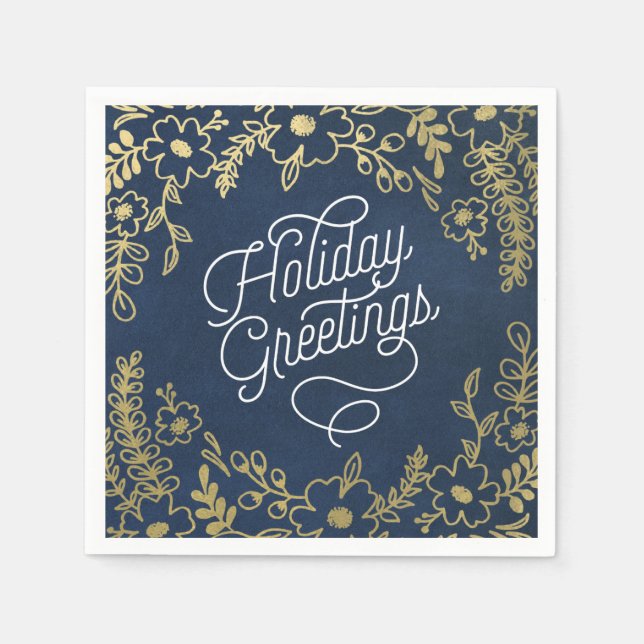 Gold Botanicals Holiday Greetings Napkin (Front)