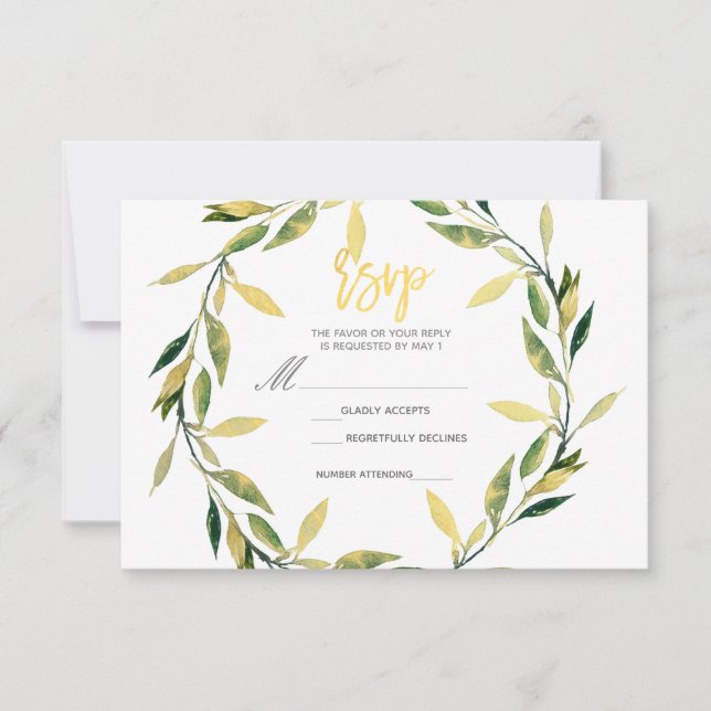 Gold Botanique Feuille verte Wreath Modern RSVP Ré (Devant)