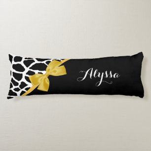 Gold Bow Black and White Giraffe Print With Name Body Pillow